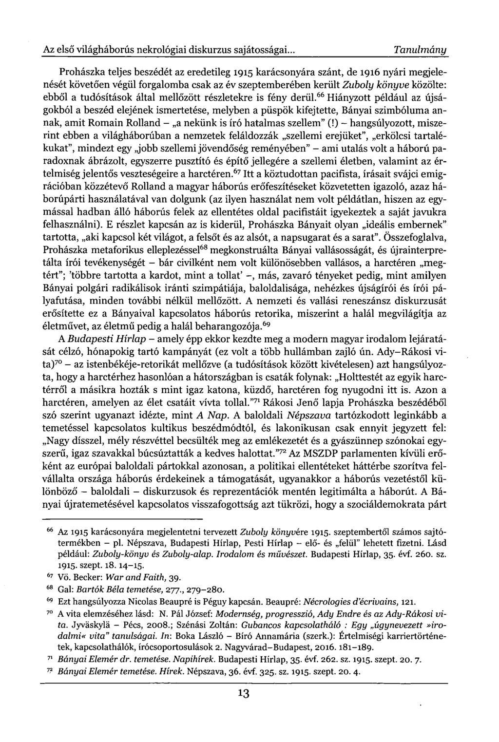 Az első világháborús nekrológiai diskurzus sajátosságai.