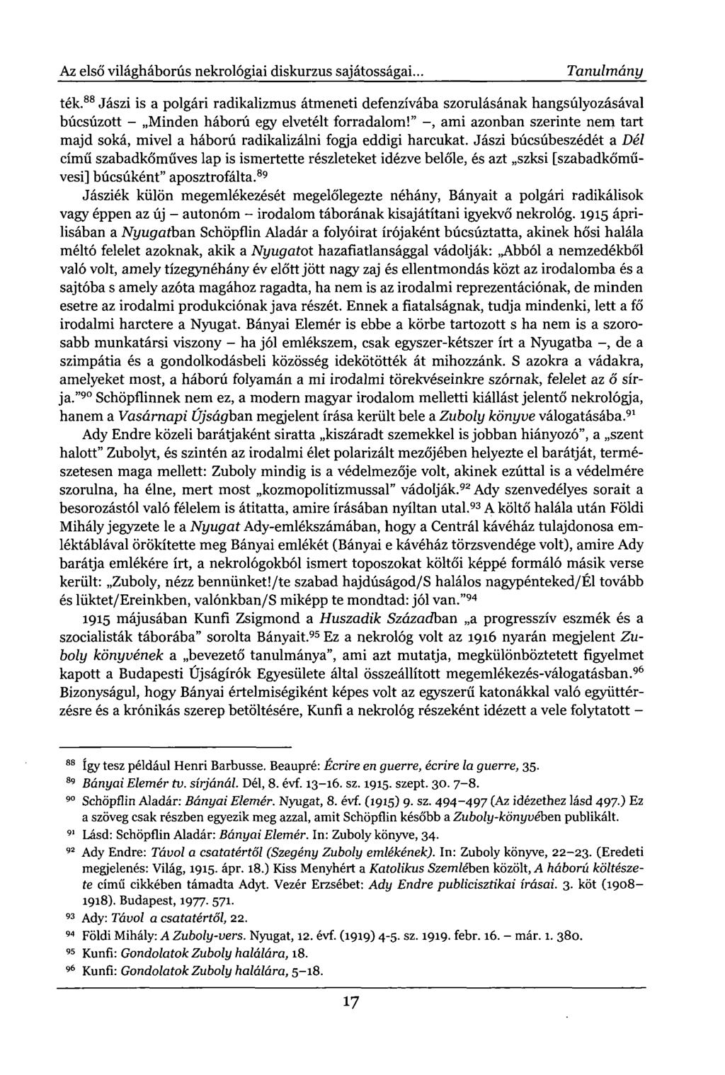 Az első világháborús nekrológiai diskurzus sajátosságai.. Tanulmány ték.