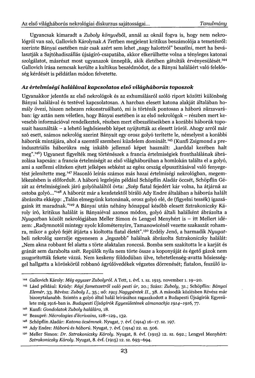 Az első világháborús nekrológiai diskurzus sajátosságai.