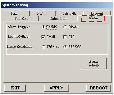 AVC777W v.1.1 40 RIASZTÁS Állítsa be az ALARM funkciót. Ezzel az Alarm trigger recording (Riasztási jel által indított felvétel) funkciót tudja működtetni. 1.