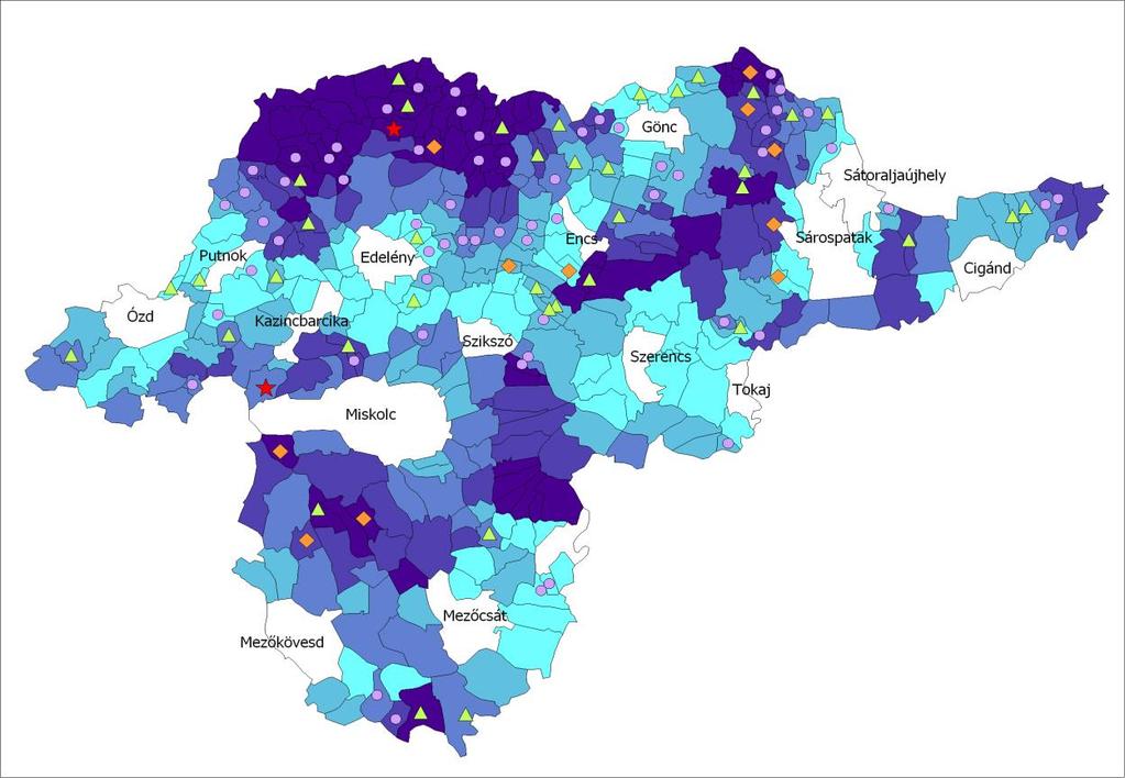 5. ábra: A járásközpontok elérhetősége km-ben és az élelmiszer vegyesüzletek száma Forrás: sajátszerkesztés a GEOX Kft.