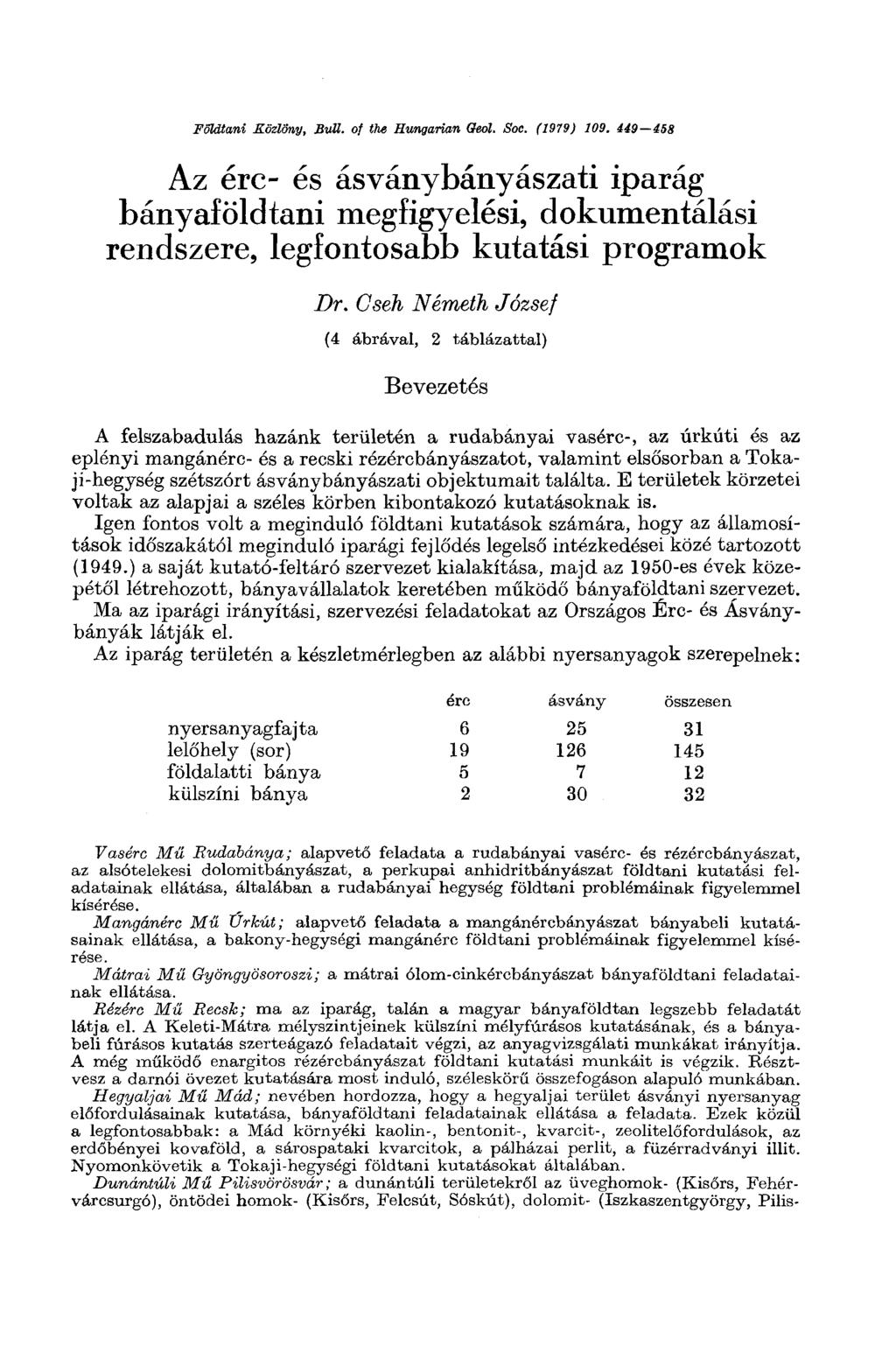 Földtani Közlöny, Bull, of the Hungarian Chol. Soc. (1979) 109. 449 458 Az érc- és ásványbányászati iparág bányaföldtani megfigyelési, dokumentálási rendszere, legfontosabb kutatási programok Dr.