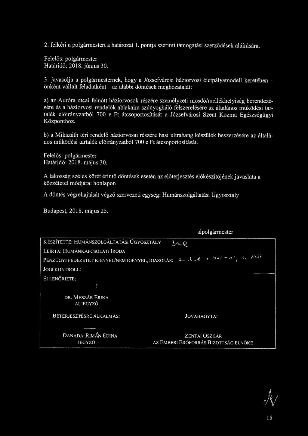 2. felkéri a polgármestert a határozat 1. pontja szerinti i szerződések aláírására. Felelős: polgármester Határidő: 2018. június 30