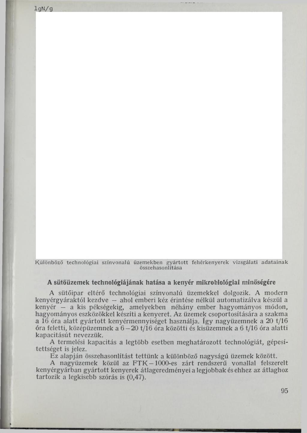 IgN/g K ülönböző technológiai színvonalú üzem ekben g y á rto tt fehérkenyerek vizsgálati a d atain ak összehasonlítása A sütőüzemek technológiájának hatása a kenyér mikrobiológiai minőségére A
