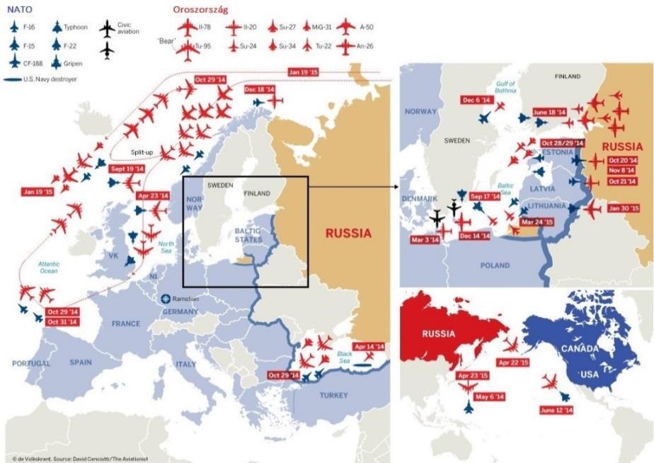 8. Ábra: A NATO-tagállamok légtérvédelmét számos alkalommal tesztelő orosz repülőegységek típusai és repülési útvonalai 169 169 David Cenciotti: The most interesting close encounters between NATO and