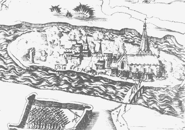 536 Irásné Melis Katalin 1. kép: A Margit-sziget keleti oldala 1542-ben. Részlet. (Enea Vico: Buda és Pest látképe az 1542-es ostrom idején. Rézmetszet. (Budapesti Történeti Múzeum, lt. sz.
