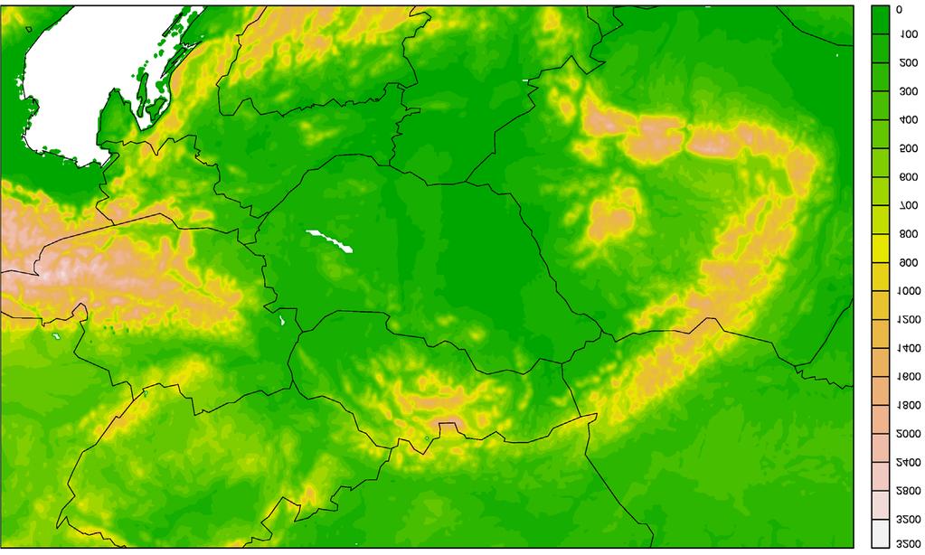 Operatív numerikus modellek az Országos Meteorológiai Szolgálatnál: a svéd modelltől az AROME modellig 4. ábra Az AROME modell jelenleg használt tartománya és domborzata.