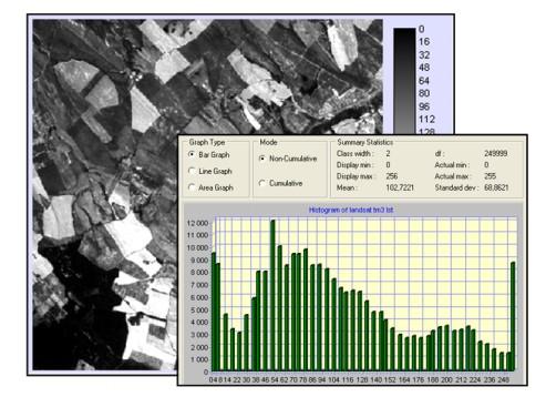 ábra LANDSAT TM3 felvétel (hisztogram transzformáció után) és hisztogramja Ezen felül a felvétel kiértékelési céljától függően speciális