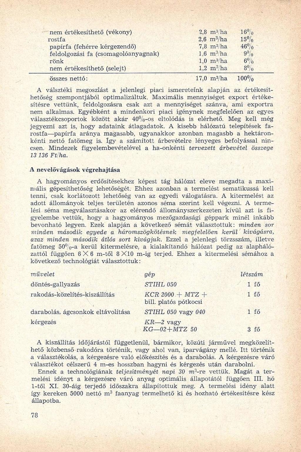 nem értékesíthető (vékony) rostfa papírfa (fehérre kérgezendő) feldolgozási fa (csomagolóanyagnak) rönk nem értékesíthető (selejt) 2,8 mvha 16% 2,6 m 3 /ha 15% 7,8 m?/ha 46% 1.