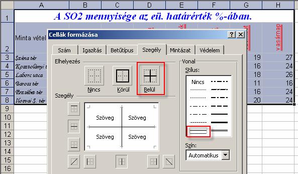 11 Jelöljük ki a teljes táblázatot, majd a szegély fülön a Stílus keretben a