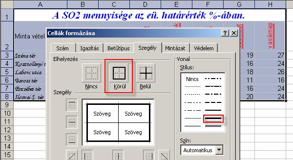 2.12 Kattintsunk a táblázat címére (A1), majd a szegély fülön a Stílus keretben válasszuk az előbbi vastag vonalat, majd