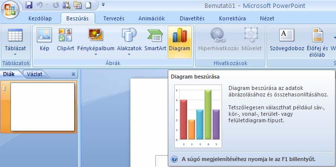 A Diagram parancs a Beszúrás lap/ábrák csoportban található. 1.