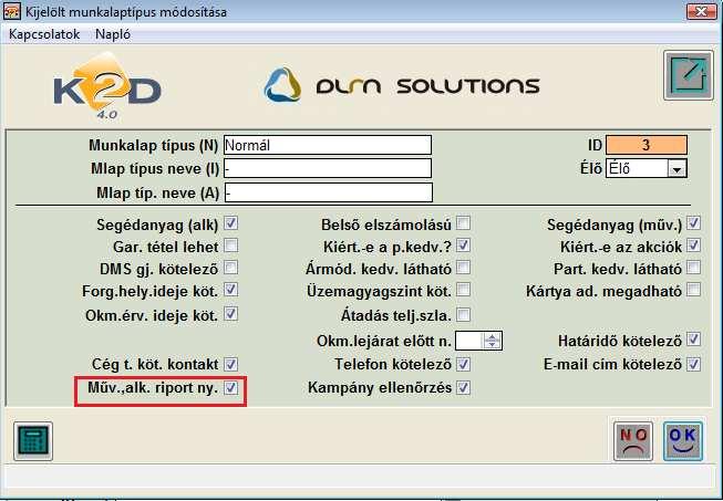 Rendszerparaméter beállítása: Szerviz/Törzskarbantartók/Egyéb törzskarbantartók/munkalap típusok modulban az egyes munkalap típusoknál a Műv., alk. riport ny. mezőt kell kipipálni.