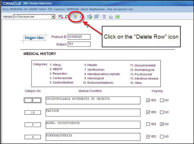 Sorok törlése Hasonló adatok sorait (például kórtörténetek) összegyűjtő CRF-eknél a Sor törlése ikon használható egy sornyi adat CRF-ből