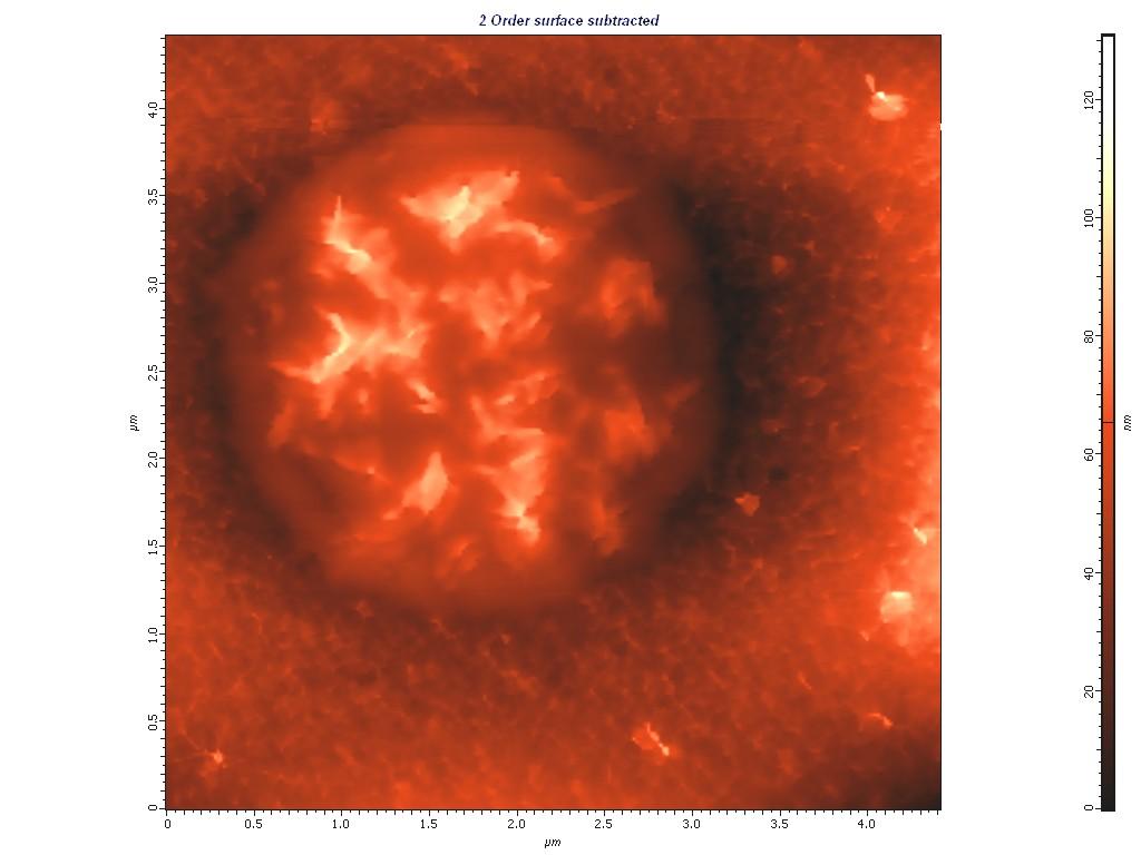 A 3D ábrázolásmód (3/b ábra) azt sugallja, hogy e szokatlan formációk az olvadékcseppekhez rendelhetők, azonban ezek között is mindenkor látható rendezett szerkezetű molekularéteg, amely nagyjából