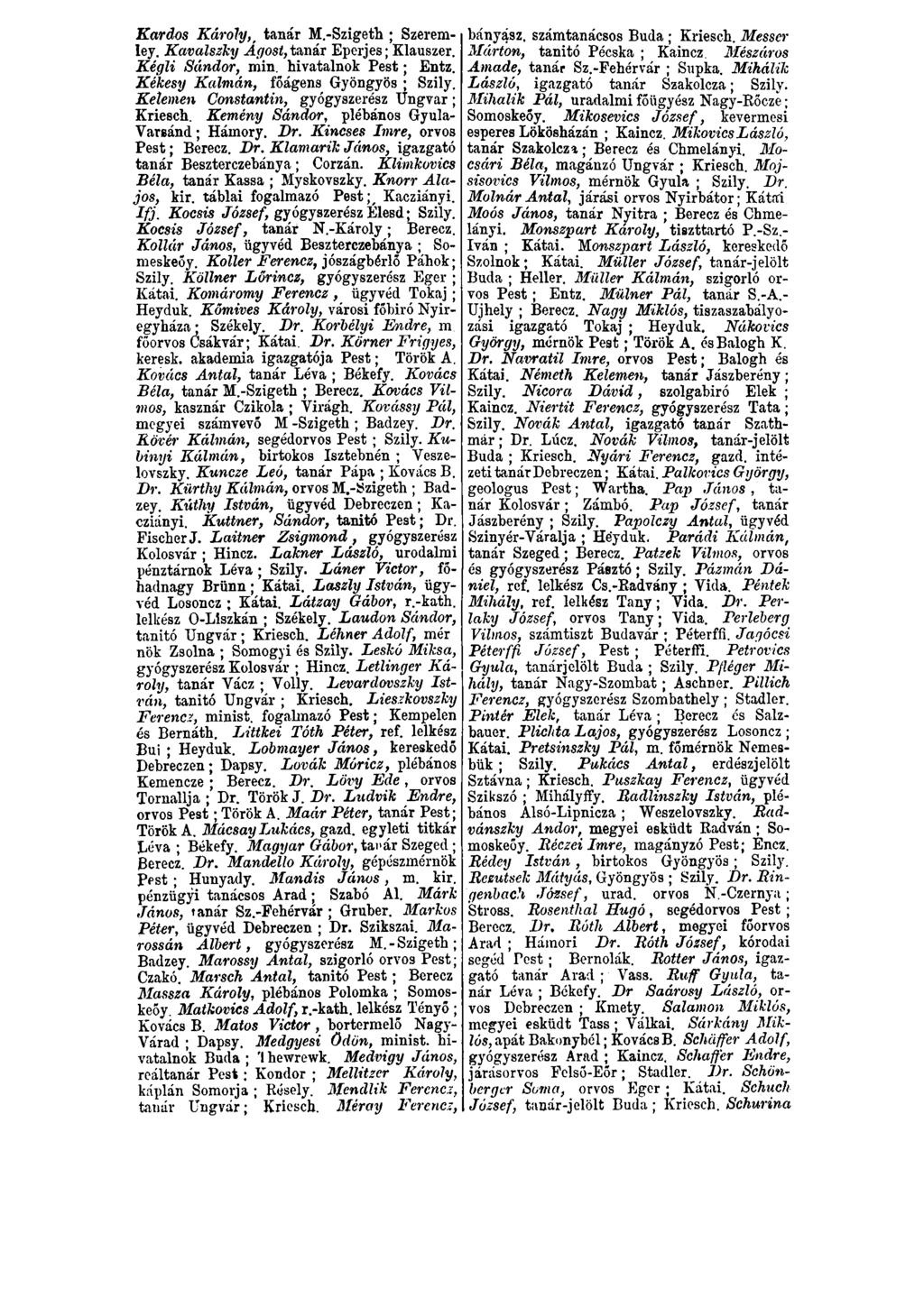 Kardos KárolyK tanár M.-Szigeth ; Szeremley. Kavalszky Ágost,tanár Eperjes; Klauszer. Kégli Sándor, min. hivatalnok P est; Entz. Kékesy Kálmán, főágens Gyöngyös ; Szily.