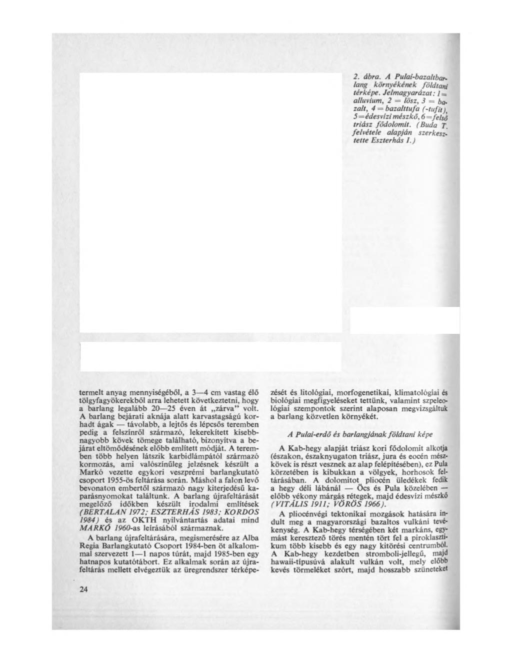 2. ábra. A Pulai-bazaltbáriáiig környékének földtani térképe. Jelmagyarázat : 1 = alluvium, 2 = lösz, 3 = bazalt, 4 = bazalttufa (-tufit) 5= édesvízi mészkő, 6 = felső triász fődolomit. (Buda T.