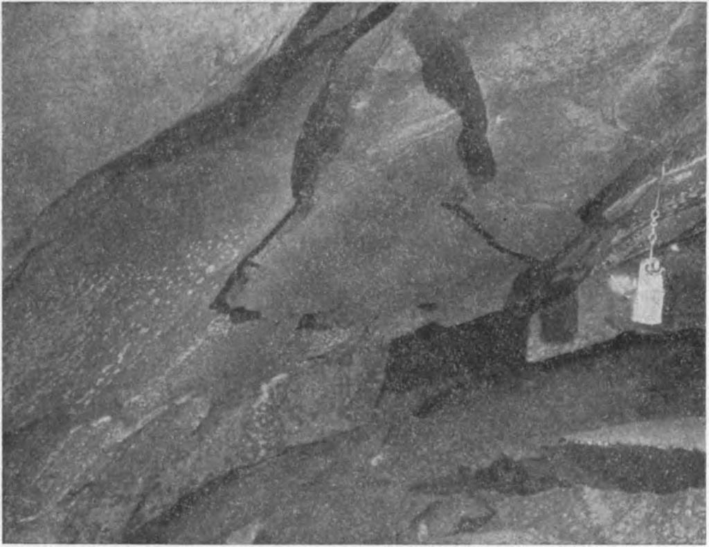 4. ábra. Táblásán leváló rétegek a barlang mennyezetén tartó többszöri lávaömléssel fejezte be működését (VITÁLIS 1934; VÖRÖS 1966). A kiszórt törmelék egyrészt a pliocén fluviális bel tóba.
