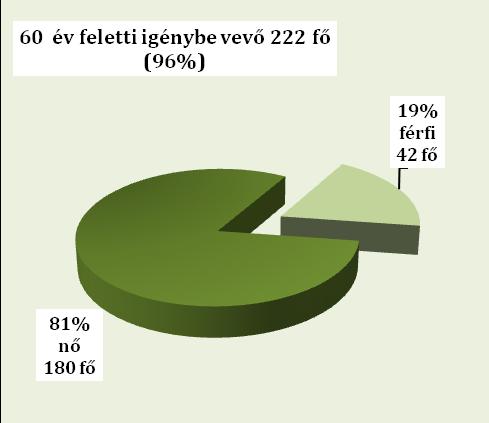 Az összes igénybe vevő (232 fő): 96 %-a betöltötte a 60. életévét. (222 fő) 4 % fiatalabb, mint 60 éves.