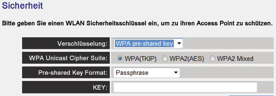 (Abbildung ähnlich) Das Fenster Security erscheint. Wählen Sie eine Netzwerkverschlüsselung aus. Mögliche Verschlüsselungen sind: WEP, WPA pre-shared key oder WPA RADIUS.