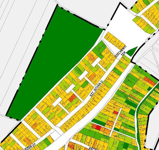 A beépült településrész mentén, ahhoz illeszkedve szintén 800 m körüli telekosztások, míg attól ÉNy-ra 800-1000 m2-es a telekállomány.