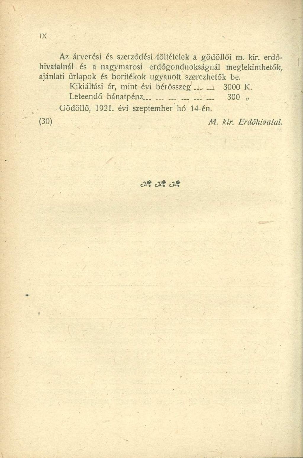 Az árverési és szerződési föltételek a gödöllői m. kir.