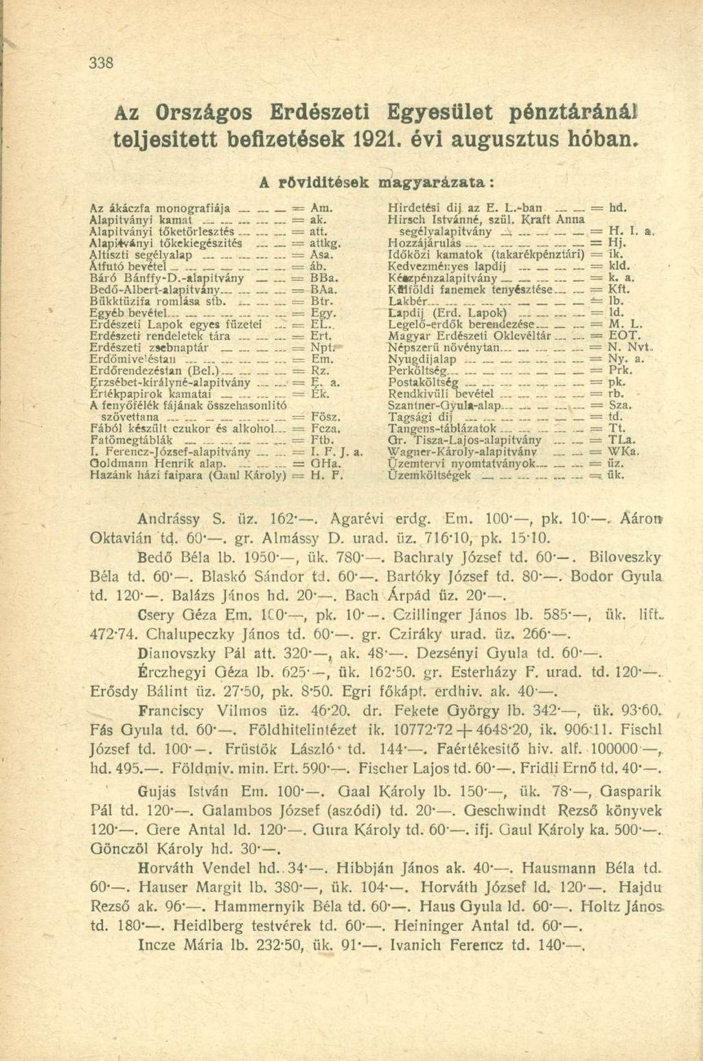 Az Országos Erdészeti Egyesület pénztáránál teljesített befizetések 1921. évi augusztus hóban. A rövidítések magyarázata: Az ákáczfa monográfiája _. = Am. Alapítványi kamat - = ak.