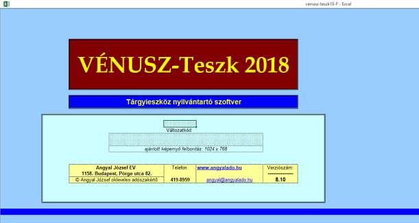 VÉNUSZ-TESZK 2018 Tárgyi Eszköz nyilvántartó rendszer Windows Excel