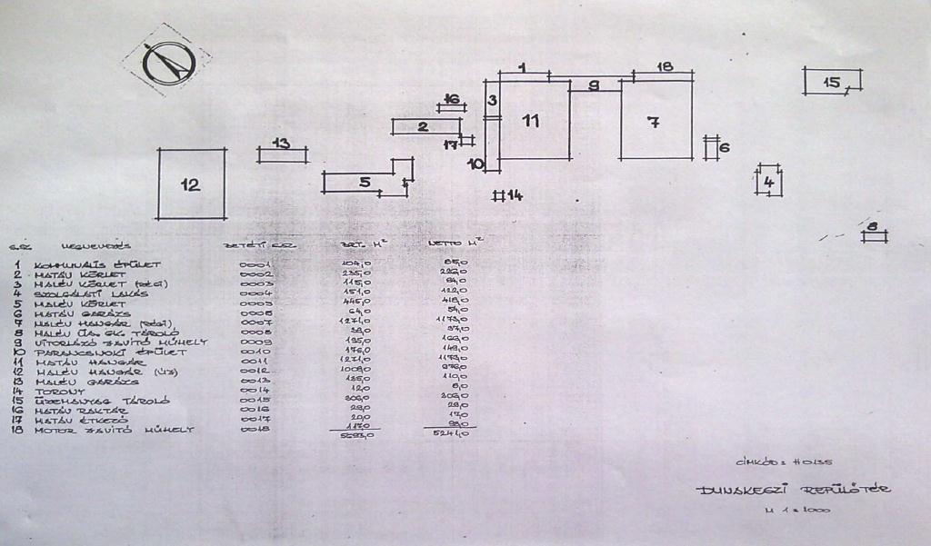 8 III. Dunakeszi repülőtér felépítményeinek használati díjai A fenti rajzon alkalmazott jelölések alkalmazásával a használati díjak: 1., 6., 8., 13., 16. számmal jelölt felépítmények 100.