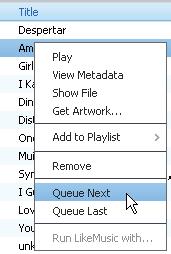 Zeneszámok hozzáadásához a sor végére kattintson jobb egérgombbal az opciókra és válassza a Queue Last (Sorba állítás legutolsóként) Songbird szoftverrel Metaadatok szerkesztése album és egyéb