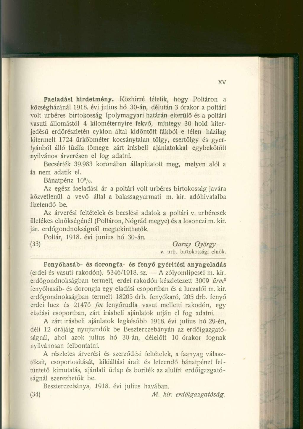 Faeladási hirdetmény. Közhírr é tétetik, hog y Poltáro n a községházánál 1918.