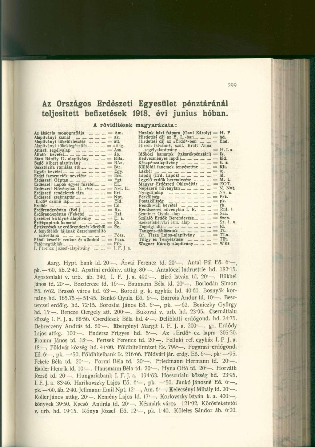 Az Országos Erdészeti Egyesület pénztáránál teljesített befizetések 1918. évi június hóban. Az ákáczfa monográfiáj a... = Am. Alapitványi kama t ak. Alapítványi tőketörleszté s _. = att.