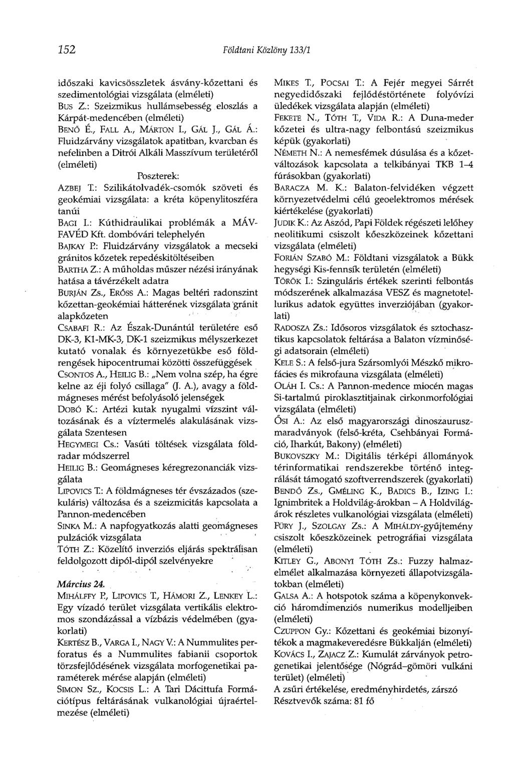 252 Földtani Közlöny 133/1 időszaki kavicsösszletek ásvány-kőzettani és szedimentológiai vizsgálata Bus Z.: Szeizmikus hullámsebesség eloszlás a Kárpát-medencében BENŐ É., FALL A., MARTON I., GÁL J.