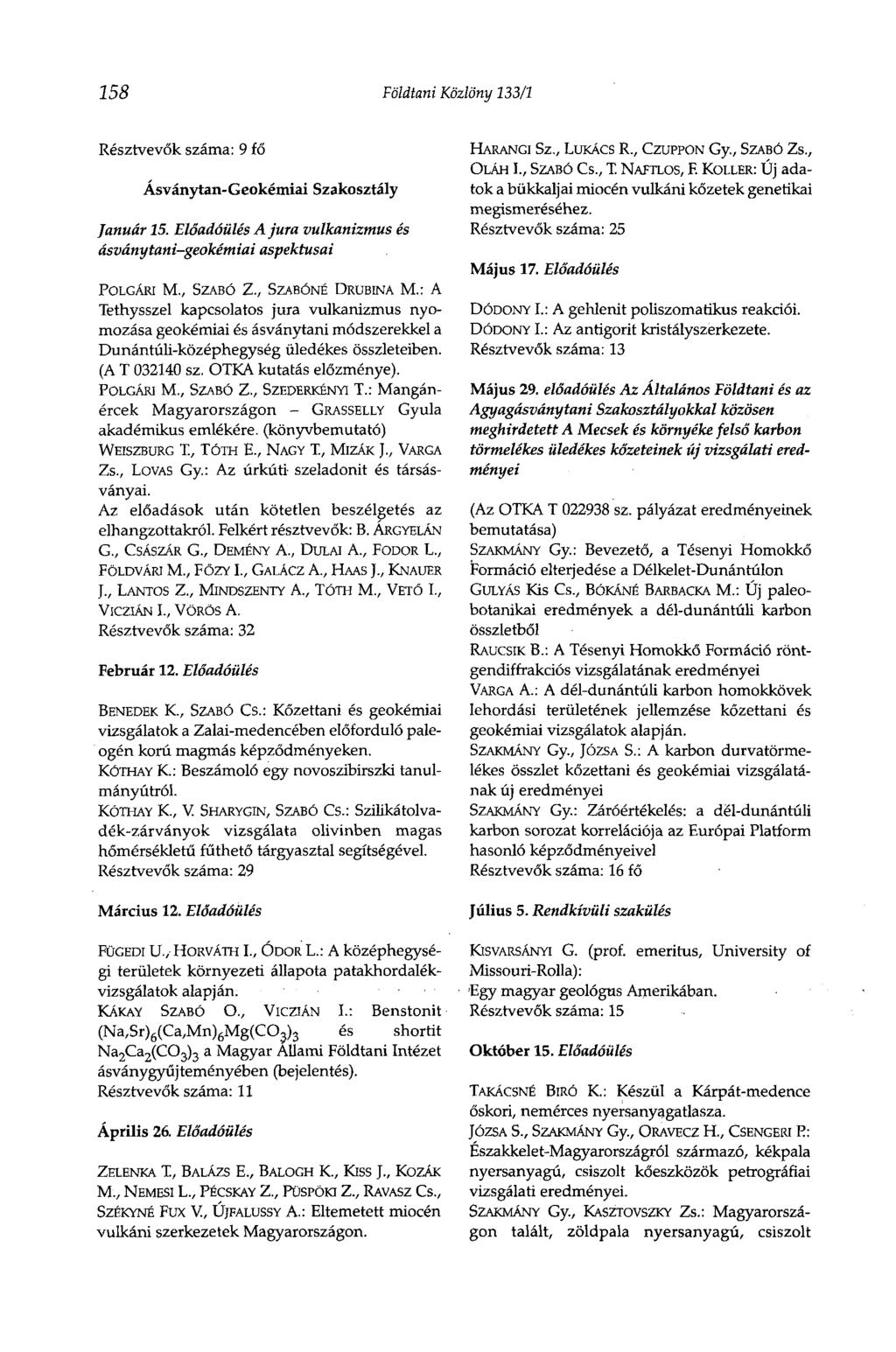 158 Földtani Közlöny 133/1 Résztvevők száma: 9 fő Ásványtan-Geokémiai Szakosztály Január 15. Előadóülés A jura vulkanizmus és ásványtani-geokémiai aspektusai POLGÁRI M., SZABÓ Z.