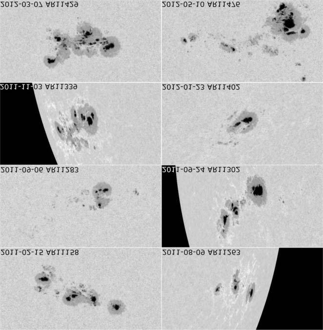 A napkutatás új eredményeibôl 187 1. ábra. A 24. ciklus néhány aktívabb napfoltcsoportja a nagyobb flerek napjain. AR11158: az elsõ X kategóriás fler (X2.2); AR 11263: X6.9/2B, 2012.