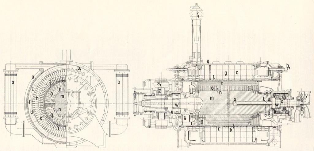 12 8. ábra. A FÁZISVÁLTÓ HOSSZ- ÉS KERESZTMETSZETE. l csillapítórudak. Damper bars. Dämpfer. m forgórész tengelye. Shaft of rotor. Rotorwelle. n tengelybe mart fecskefark alakú hornyok.