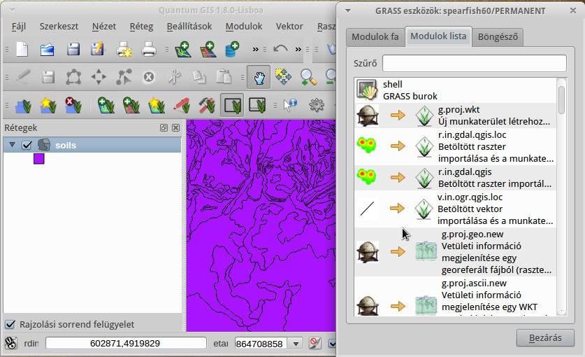 GRASS felhasználói felületek QGIS, GRASS modul GRASS parancsok GRASS eszközsor A grafikus megjelenítés