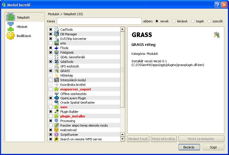 QGIS interfész Kapcsoljuk be a