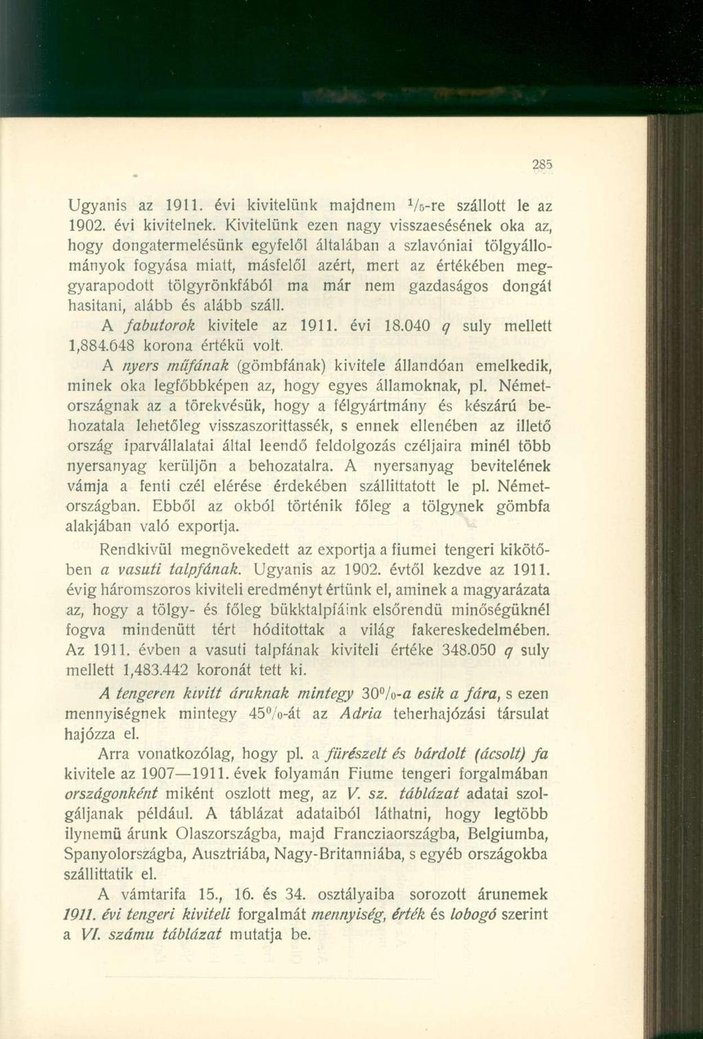 Ugyanis az 1911. évi kivitelünk majdnem Vs-re szállott le az 1902. évi kivitelnek.