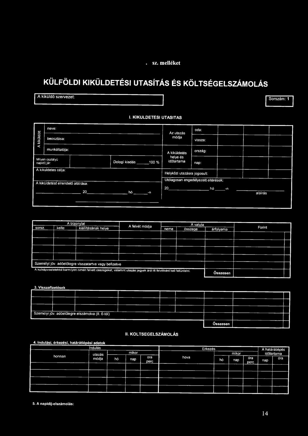 kikuldetes célja: A kiküldetést elrendelő aláírása: 20 hó -n Helyközi utazásra jogosult: Utólagosan engedélyezett eltérések: 20 hó -n aláírás A bizonylat sorsz.