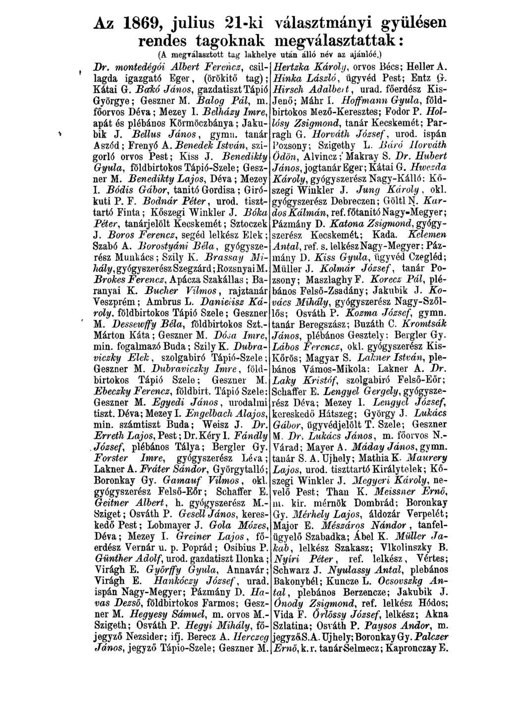 Az 1869, julius 21-ki választmányi gyűlésén rendes tagoknak megválasztattak: (A megválasztott tag lakhelye után álló név az ajánlóé.) Dr.