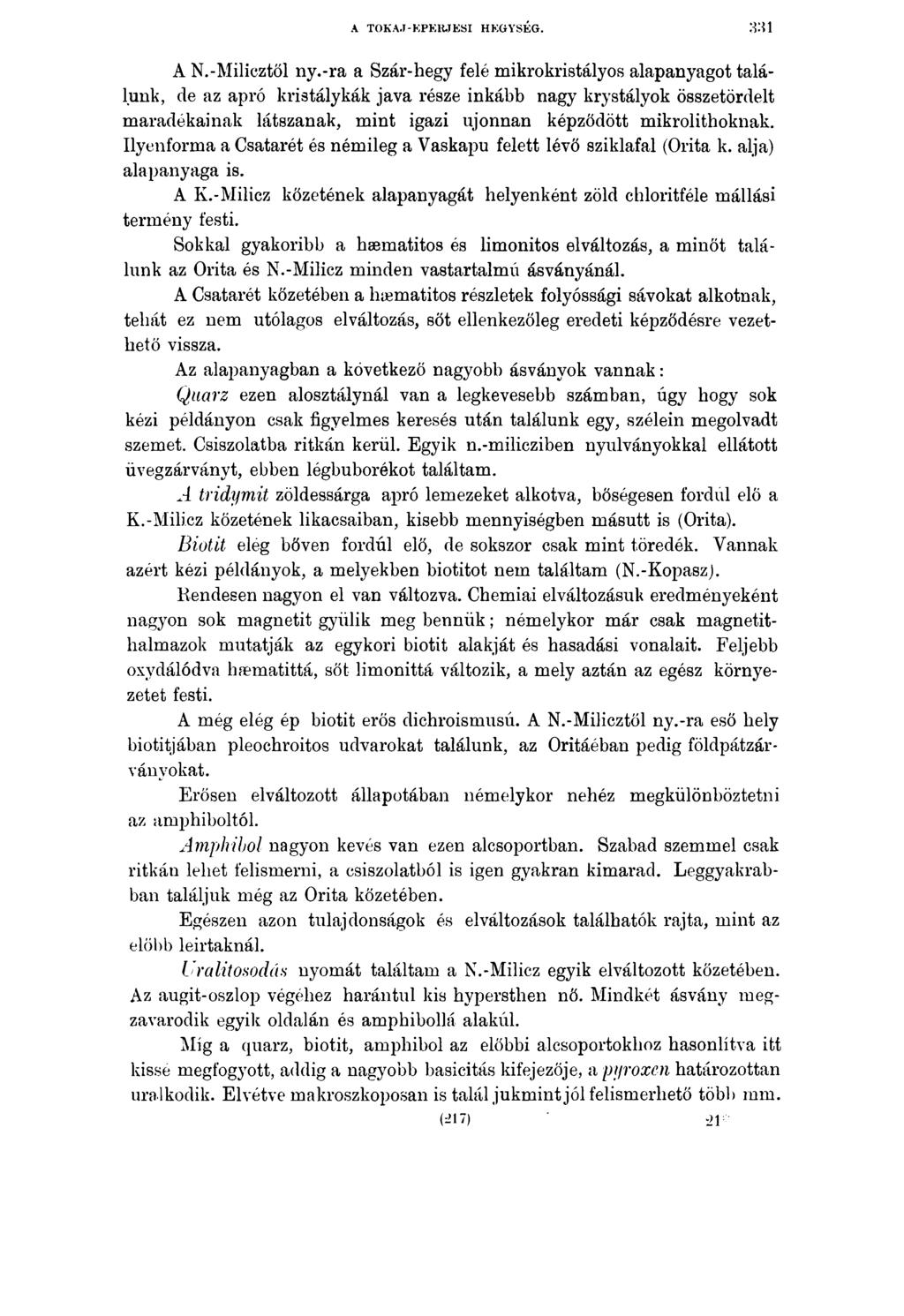 A TOKAJ - KPKRJESI HEGYSÉG. A N.-Milicztől ny.