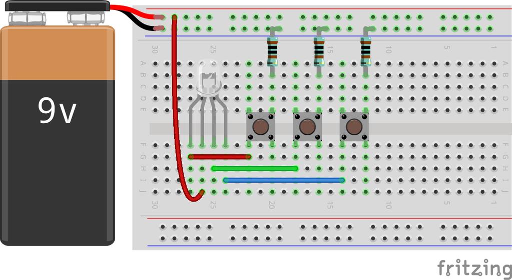 RGB LED vezérlése nyomógombokkal Az előző kapcsolást nyomtgombokkal is megépíthetjük Áramkorlázásra it is 1 kω-os ellenállásokat használunk Ebben a
