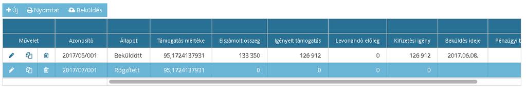 A lista felett találhatóak azok a funkció gombok, amelyekkel dolgozni tudunk a lista tételeivel. Elszámolás indítása mindig a fejtétel rögzítésével kezdődik, mely az nyomógombbal tehető meg.
