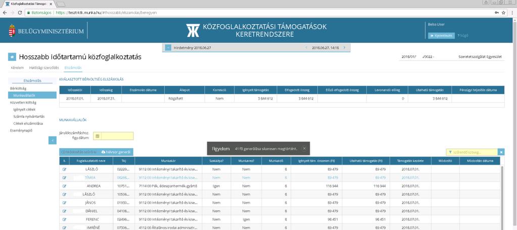 A képernyőn található még egy lista is, amely az elszámolások alapadatait tartalmazza (továbbiakban fejtétel).