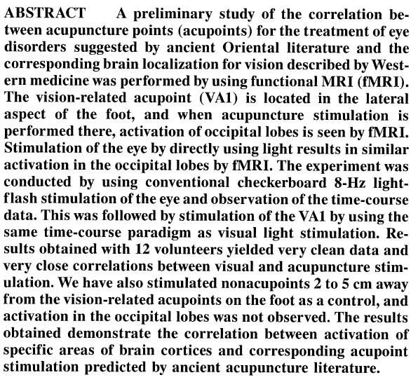 Kísérleti kontrollal, lábon található akupontok ingerlése és fmri vizsgálat Elfogadott tudományos folyóirat Alapvetően a modern tudomány nyelvén íródott, a klasszikus Sárga Császár Belső Orvosságos