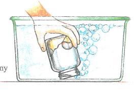 Tegyél a befőttes üvegbe egy fél írólapot, majd szájával lefelé gyorsan borítsd rá a vízben lévő pingponglabdára! Merítsd egészen az üvegkád aljáig! Figyeld meg, mi történik!