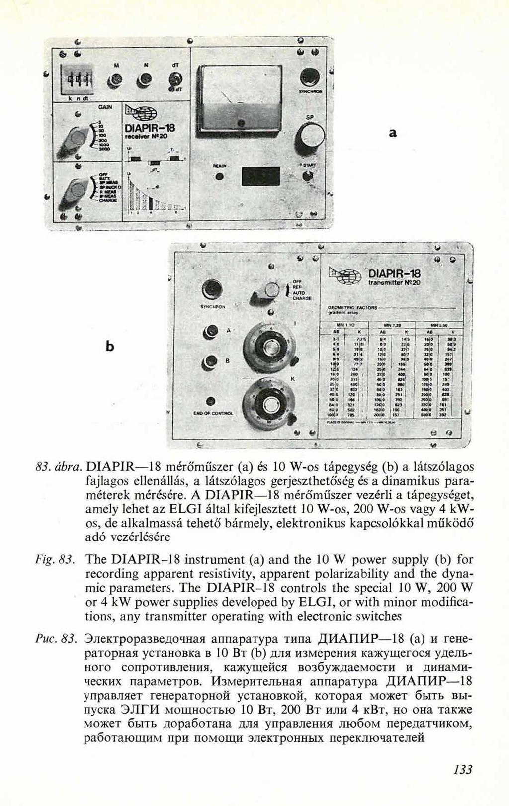 83. ábra. DIAPÍR 18 mérőműszer (a) és 10 W-os tápegység (b) a látszólagos fajlagos ellenállás, a látszólagos gerjeszthetőség és a dinamikus paraméterek mérésére.