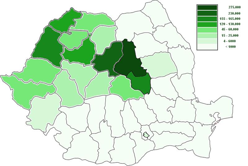 Általános bemutató Hargita: 257.707 85,21% Kovászna: 150.468 73,73% Maros: 200.858 38,09% Szatmár: 112.580 34,65% Bihar: 138.213 25,26% Szilágy: 50.177 23,34% Kolozs: 103.591 15,92% Arad: 36.