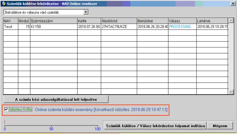 Ekkor a képernyőn megjelenik az Online számla küldés esemény felirat és látható, hogy mikor fogja a program legközelebb megkísérelni a beküldést és válasz lekérdezést.